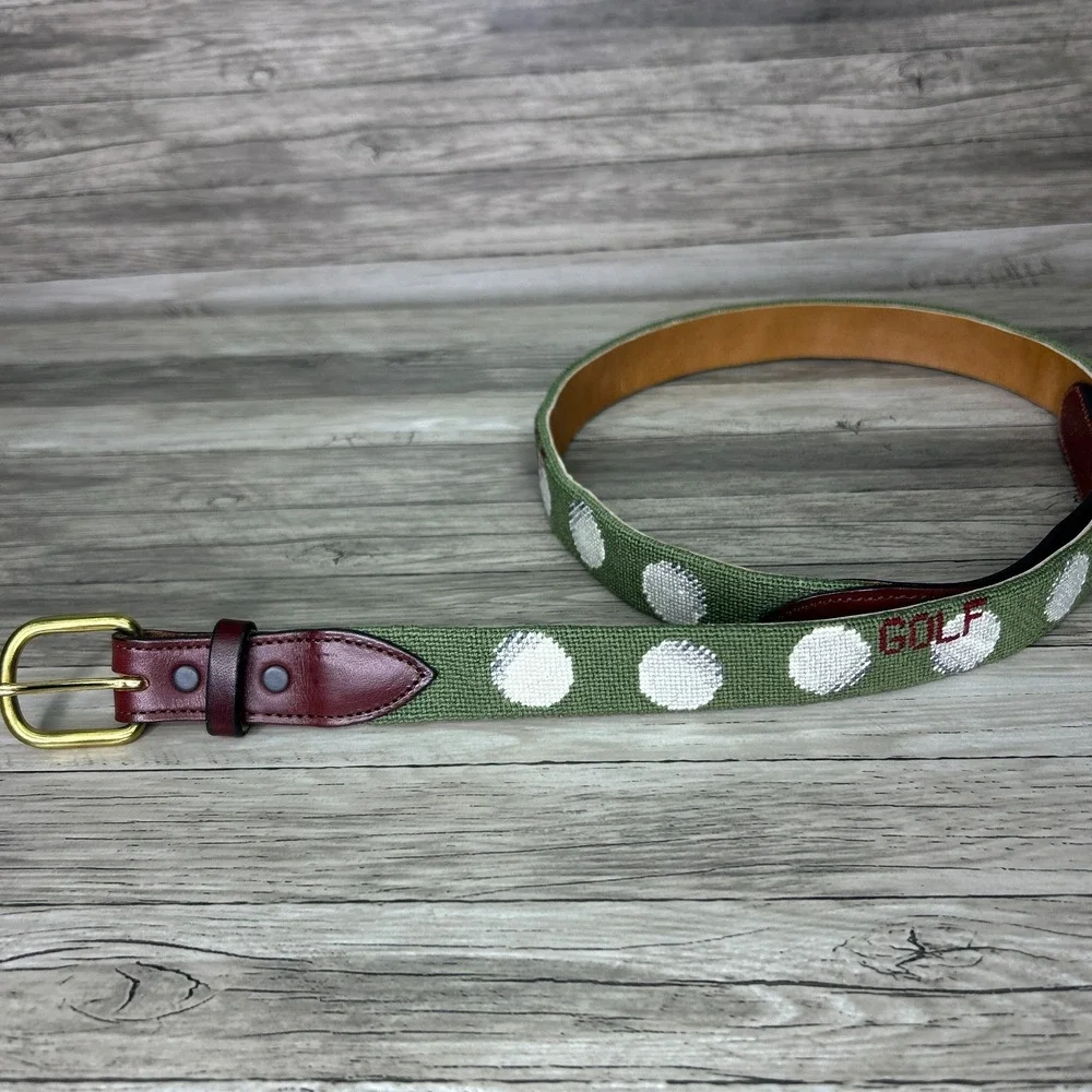 Needlepoint Golf Belt Size 39 Vintage Golf Balls‎ Grandpa Green